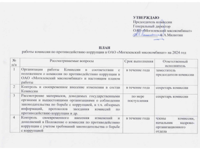 The work plan of the Anti-corruption Commission at JSC Mogilev Meat Processing Plant for 2024.